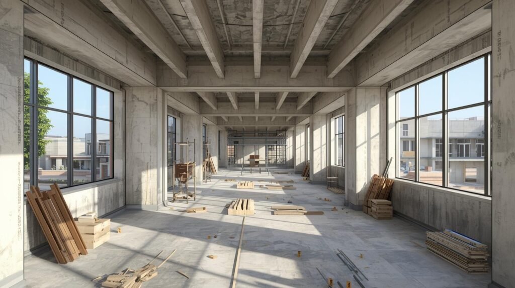 make a office interior on construction in ayodhya naya ghat location.